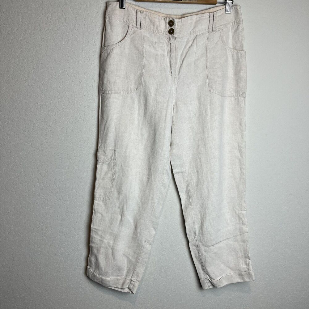 Chico's Pants Womens 0.5 Beige Linen Capri Straight Leg Cargo Crop‎ Pockets